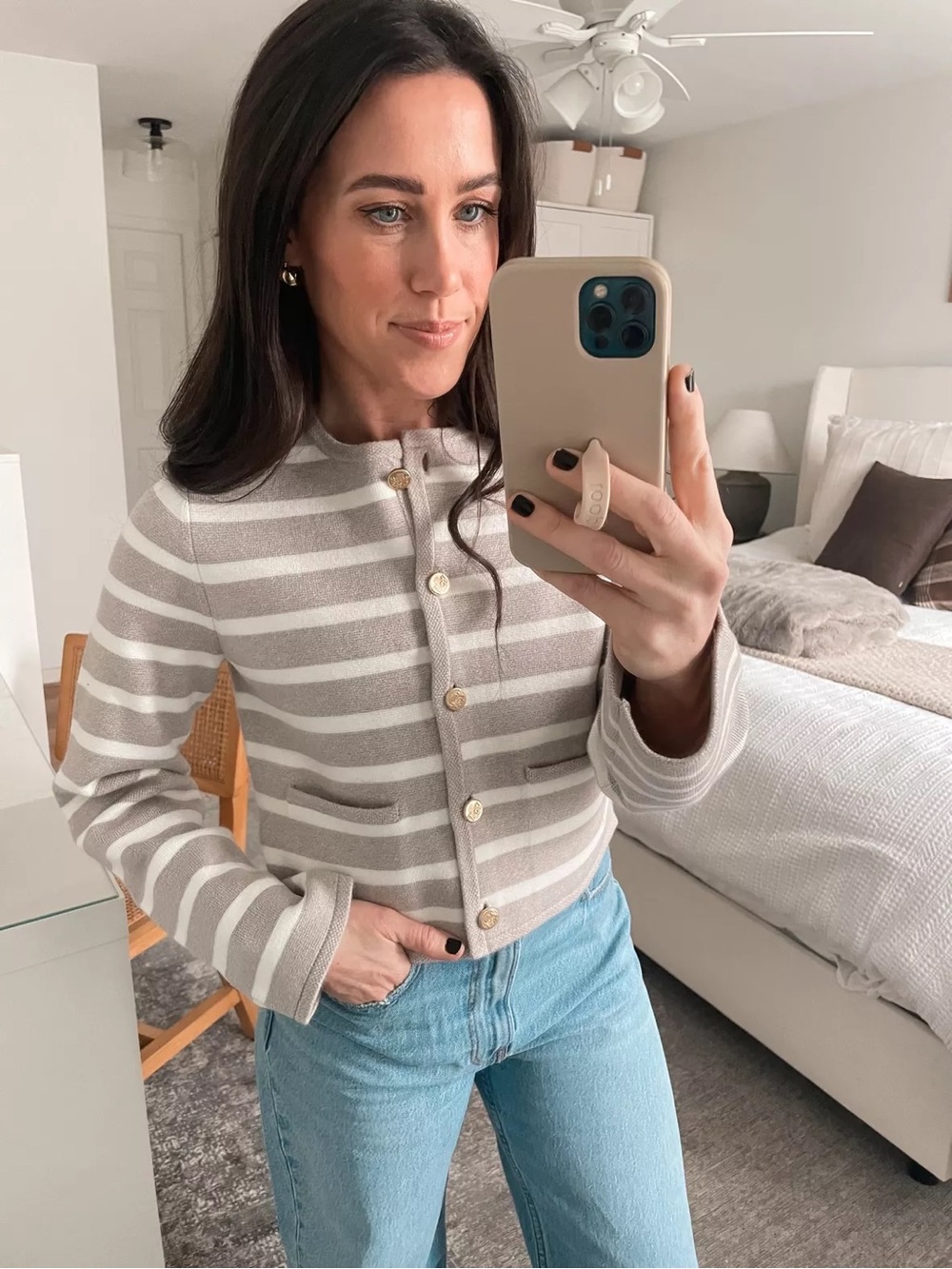 Abercrombie & Fitch Taupe & White Striped Knit Cardigan